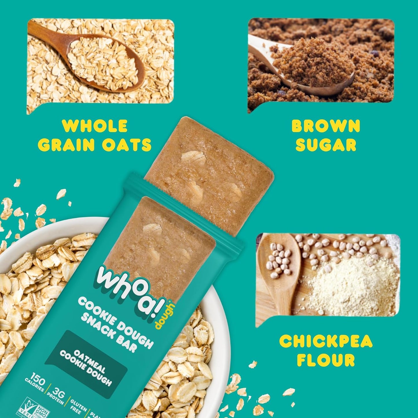 Whoa Dough Edible Cookie Dough Bars - Non-GMO, Kosher, Gluten Free - Healthy Snack Foods - Plant Based Real Ingredients - Oatmeal Cookie Dough - 10 Pack