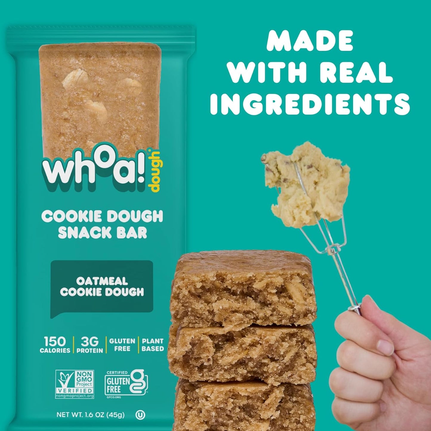 Whoa Dough Edible Cookie Dough Bars - Non-GMO, Kosher, Gluten Free - Healthy Snack Foods - Plant Based Real Ingredients - Oatmeal Cookie Dough - 10 Pack