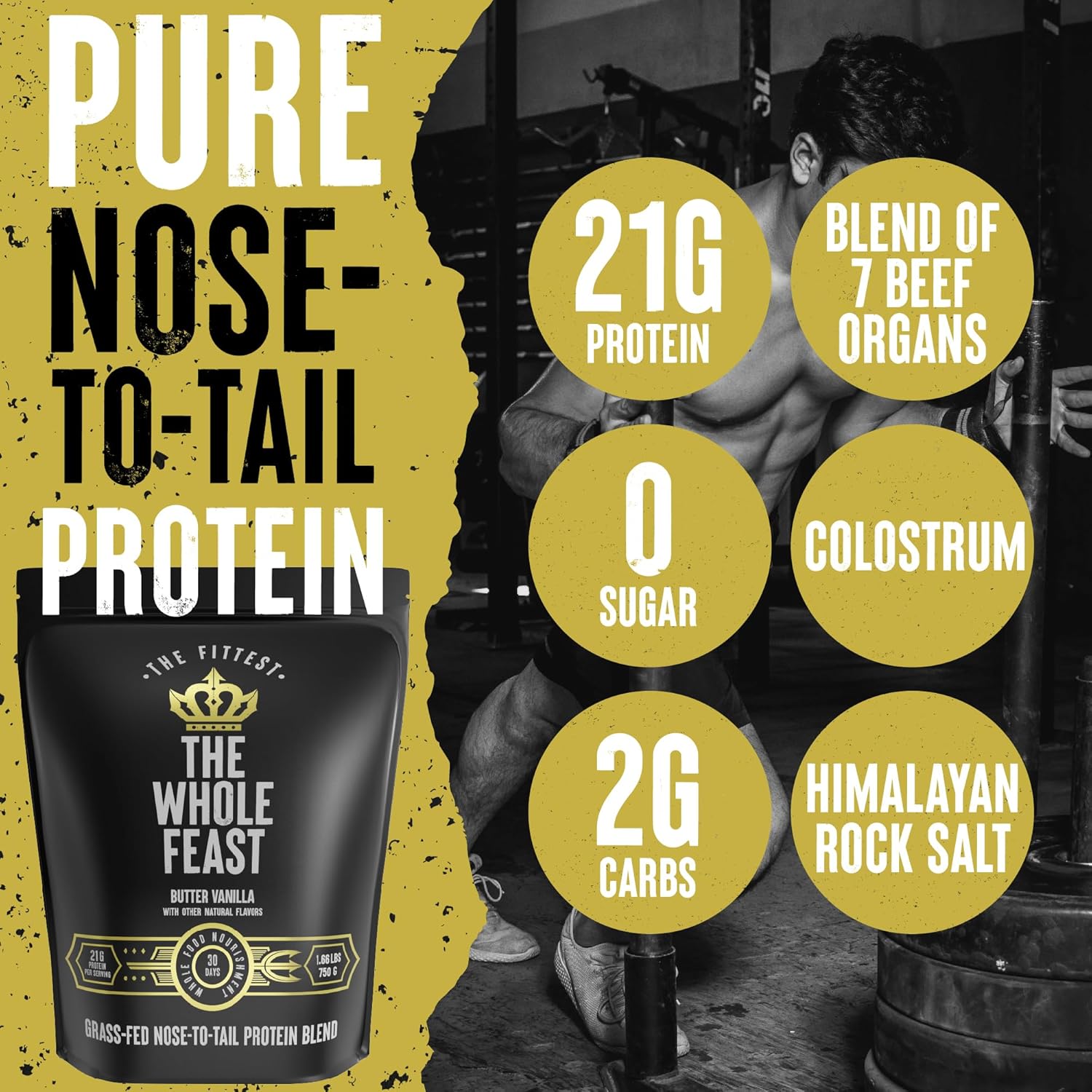 Whole Feast Beef Protein Powder - Butter Vanilla Flavor - Nose to Tail Carnivore Blend with Liver, Colostrum, Bone - BCAAs - 14g Collagen - 21g Protein