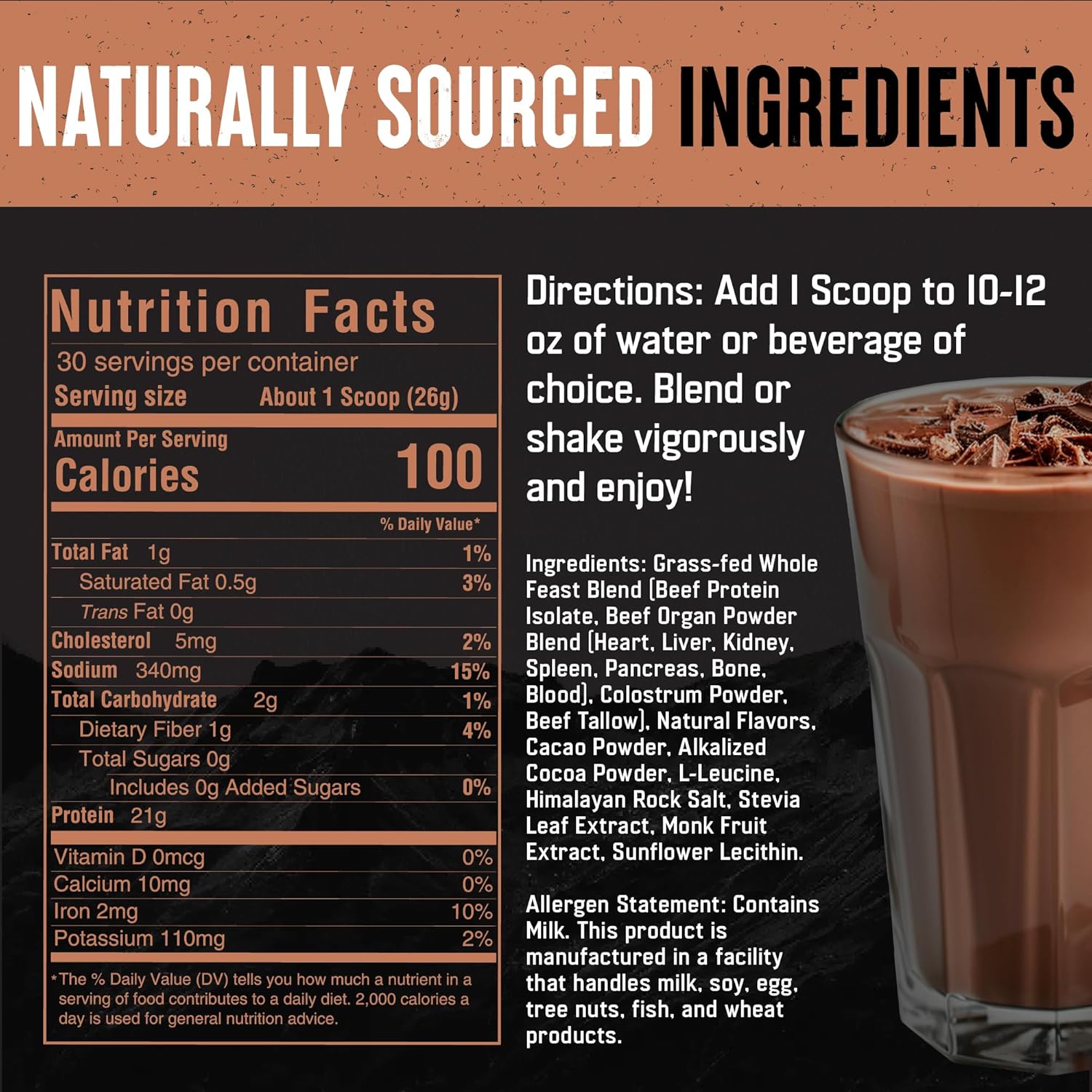 Whole Feast Beef Protein Powder - Milk Chocolate: Nose to Tail Carnivore Blend with BCAAs and Collagen