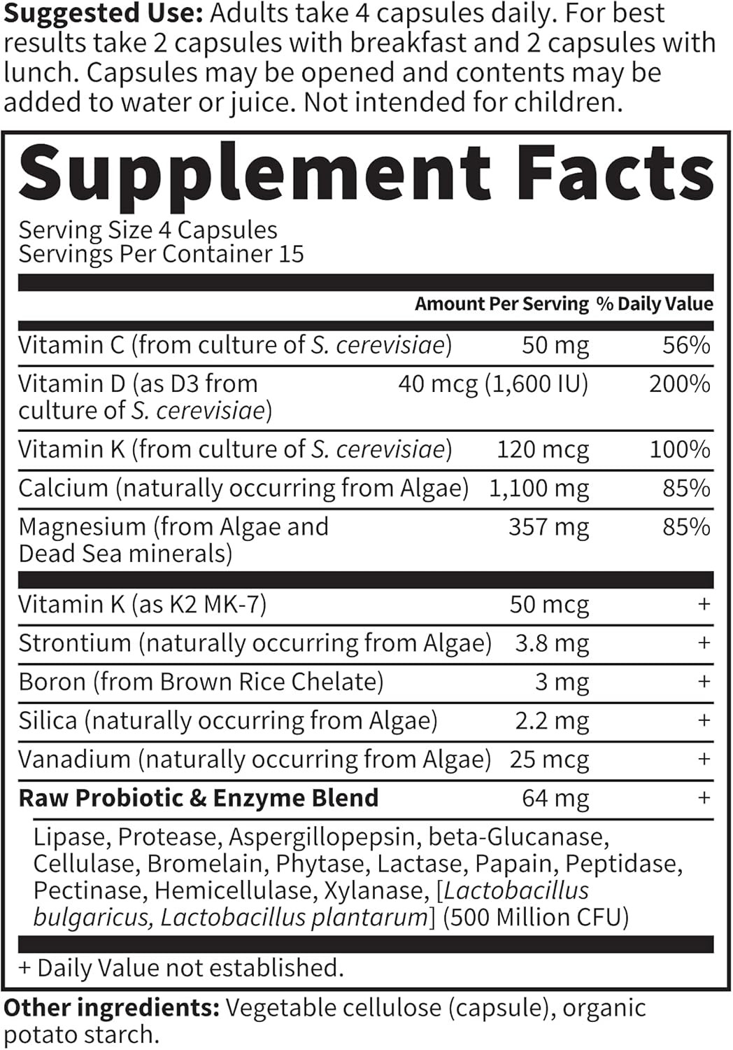 Whole Food Calcium Supplement with Magnesium, K2, Vitamin D3, Vitamin C, and Probiotics - Garden of Life Raw Formula for Women & Men, 60 Capsules