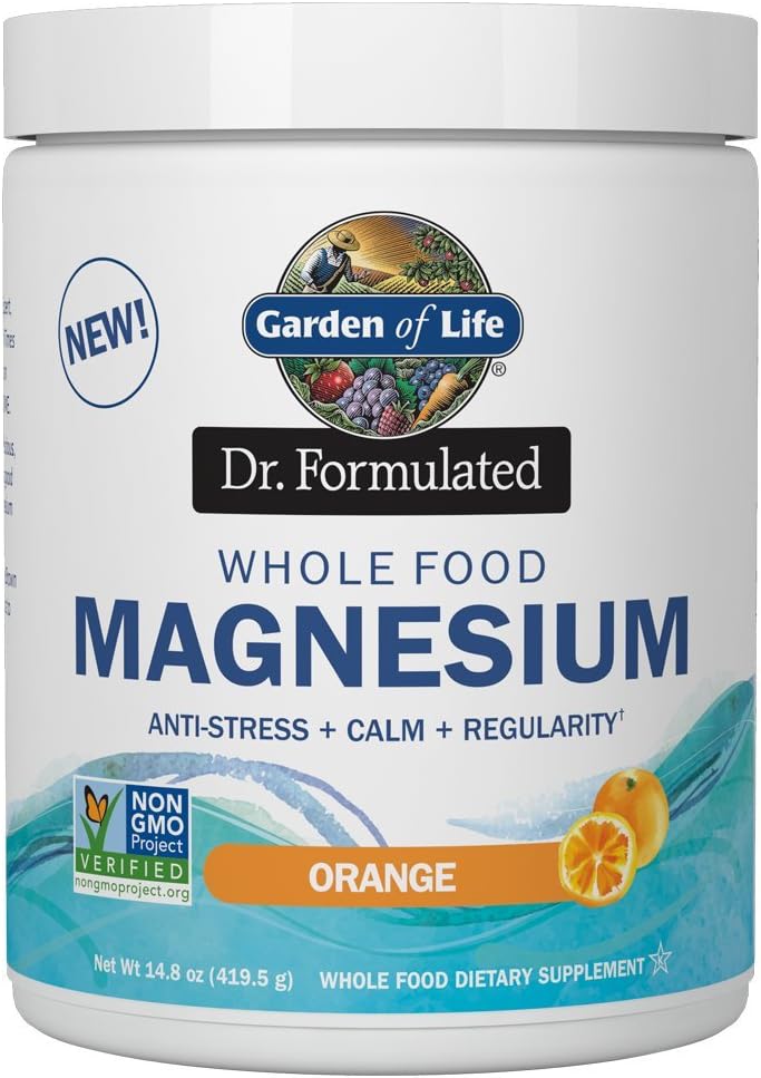 Whole Food Magnesium Powder - Orange, Chelated, Non-GMO, Vegan, Kosher, Gluten & Sugar Free with Probiotics - Anti-Stress, Calm & Regularity Support