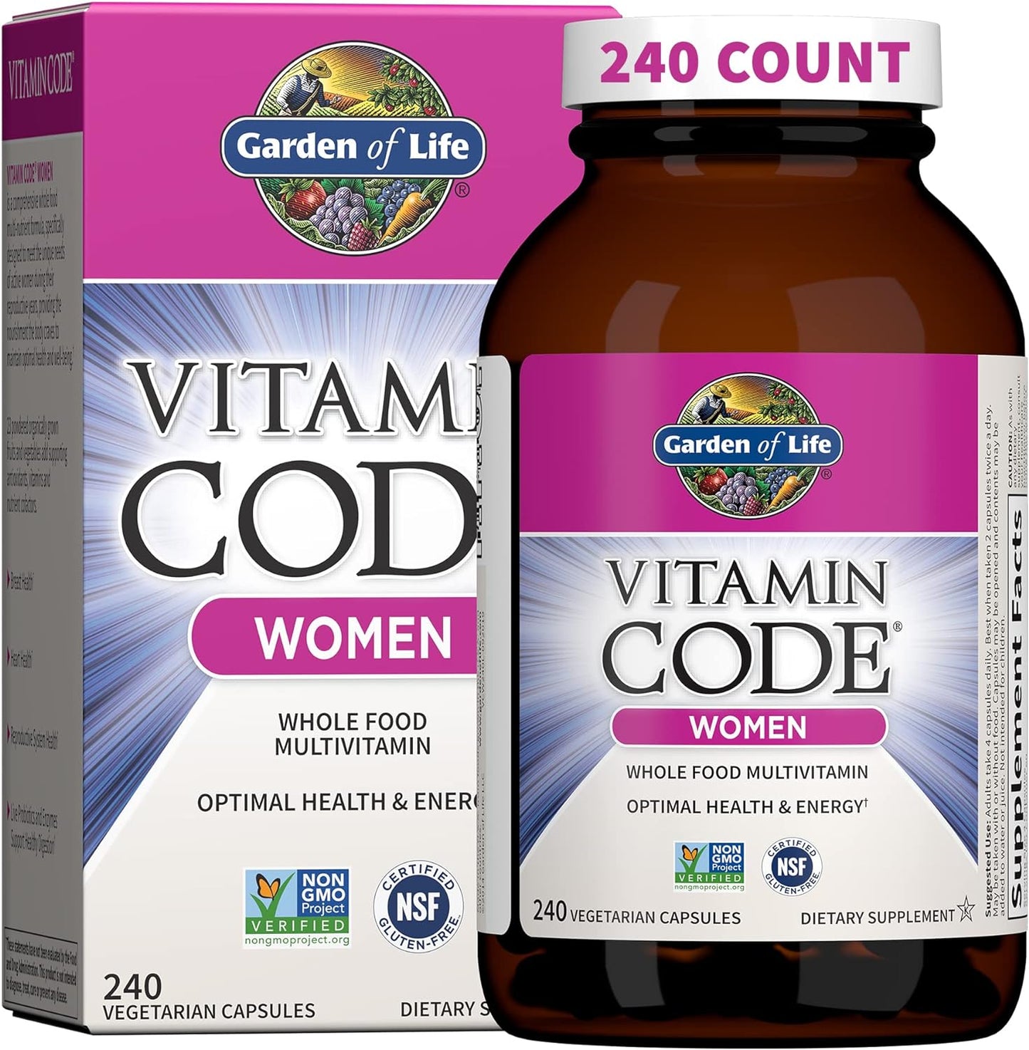 Whole Food Multivitamin for Women with Iron, Folate, and Probiotics - 240 Vegetarian Capsules by Garden of Life