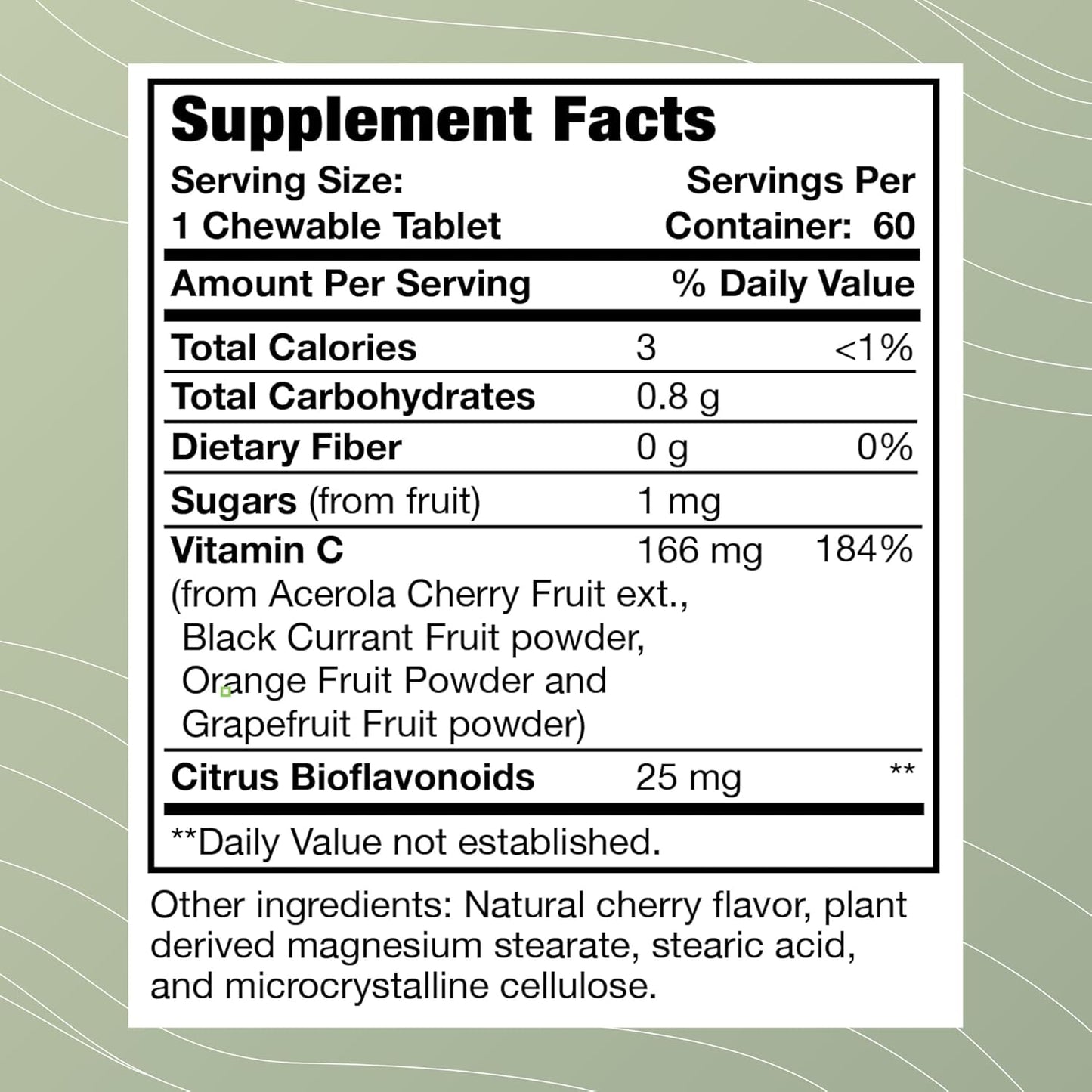 Whole Food Vitamin C Chewable Tablets with Acerola Cherry, Orange Fruit, Black Currant, and Bioflavonoids - 60 Tablets