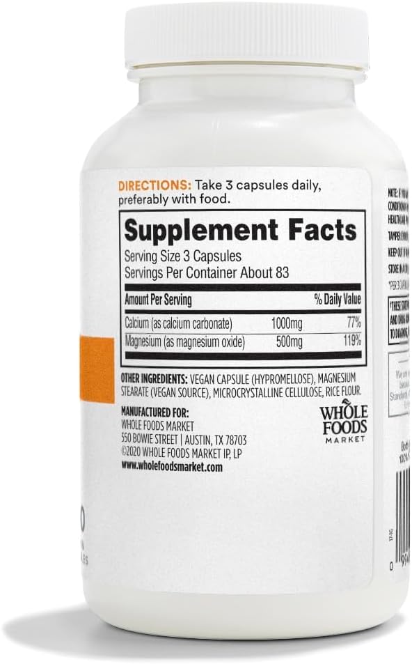 Whole Foods Market 365 Easy Swallow Calcium 1000Mg Magnesium 500Mg 250 Veg Capsules