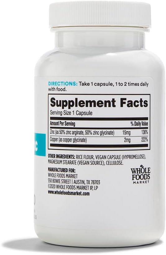 Whole Foods Market 365 Everyday Value Chelated Zinc plus Copper Supplement 120 ct