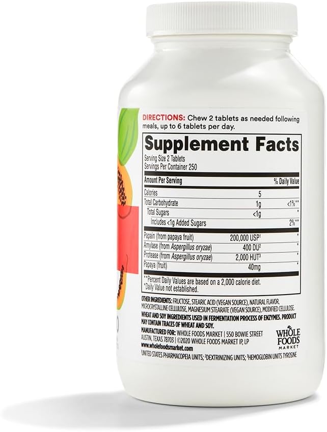 Whole Foods Market 365 Papaya Enzymes - 500 Chewable Tablets for Digestive Health