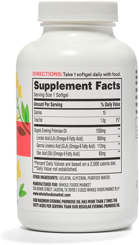 Whole Foods Market Evening Primrose Oil Softgels - 1250mg, 120 Count - 365 Brand