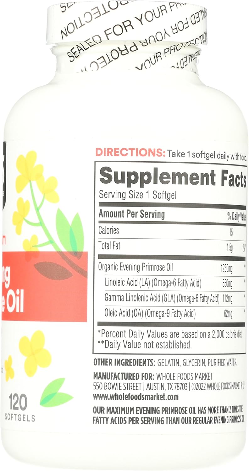 Whole Foods Market Evening Primrose Oil Softgels - 1250mg, 120 Count - 365 Brand
