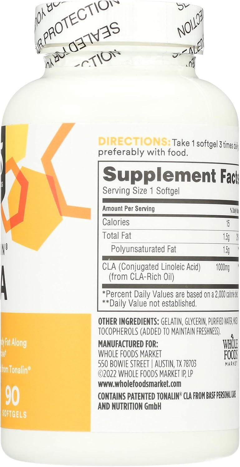 Whole Foods Market Tonalin CLA 1300mg Softgels - 90 Count Bottle for Daily Use