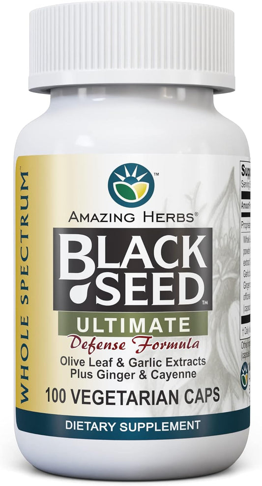 Whole Spectrum Black Seed Ultimate Capsules with Olive Leaf, Garlic Extract, Ginger & Cayenne - 100 Count Vegan Pills, Gluten Free & Non GMO