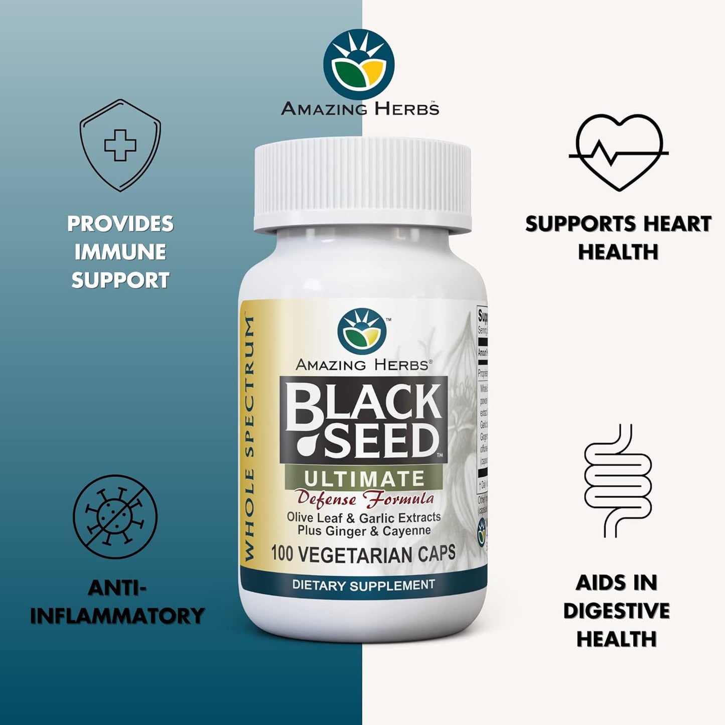 Whole Spectrum Black Seed Ultimate Capsules with Olive Leaf, Garlic Extract, Ginger & Cayenne - 100 Count Vegan Pills, Gluten Free & Non GMO