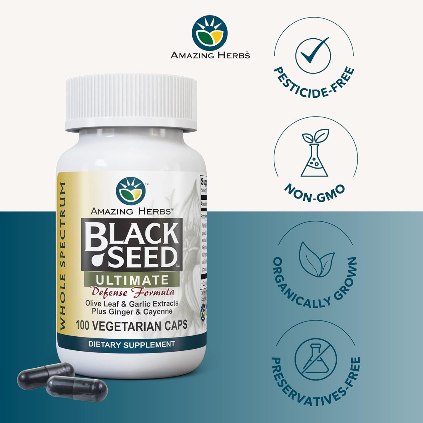 Whole Spectrum Black Seed Ultimate Capsules with Olive Leaf, Garlic Extract, Ginger & Cayenne - 100 Count Vegan Pills, Gluten Free & Non GMO
