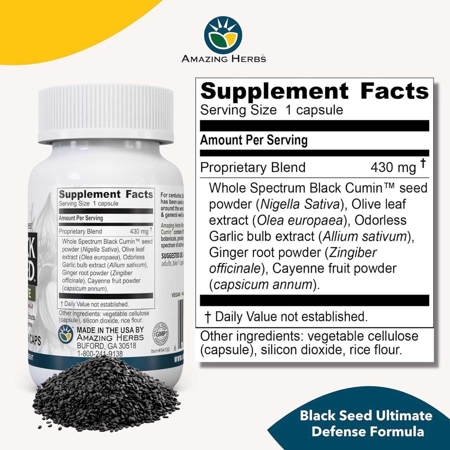 Whole Spectrum Black Seed Ultimate Capsules with Olive Leaf, Garlic Extract, Ginger & Cayenne - 100 Count Vegan Pills, Gluten Free & Non GMO