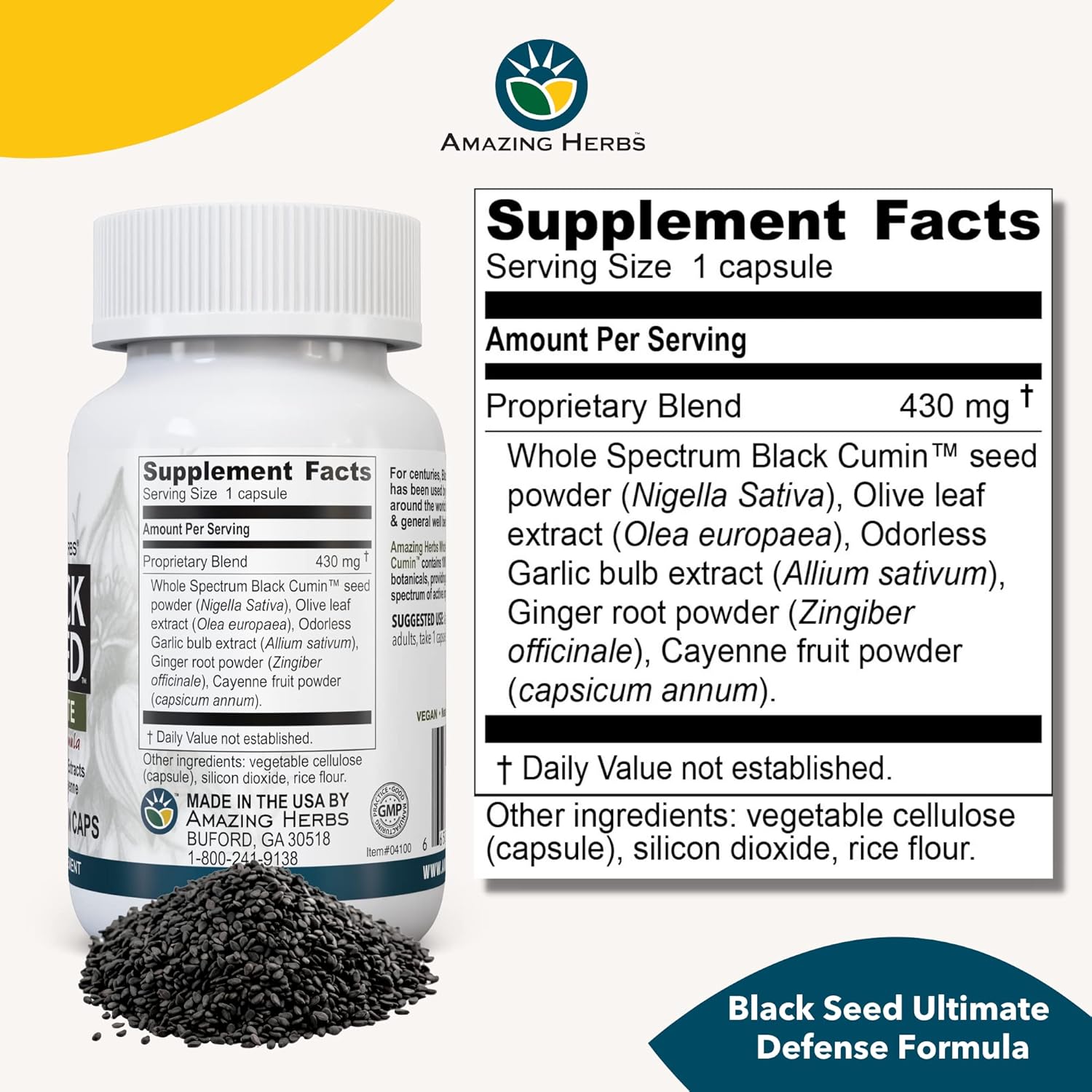 Whole Spectrum Black Seed Ultimate Capsules with Olive Leaf, Garlic Extract, Ginger & Cayenne - 100 Count Vegan Pills, Gluten Free & Non GMO