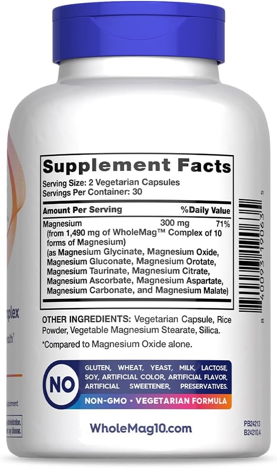 WholeMag Magnesium Supplement Complex - 60 Vegetarian Capsules for Muscle, Bone, & Nerve Health - 10 in 1 Formula for Overall Wellness - Lab Tested, Non-GMO, Gluten Free