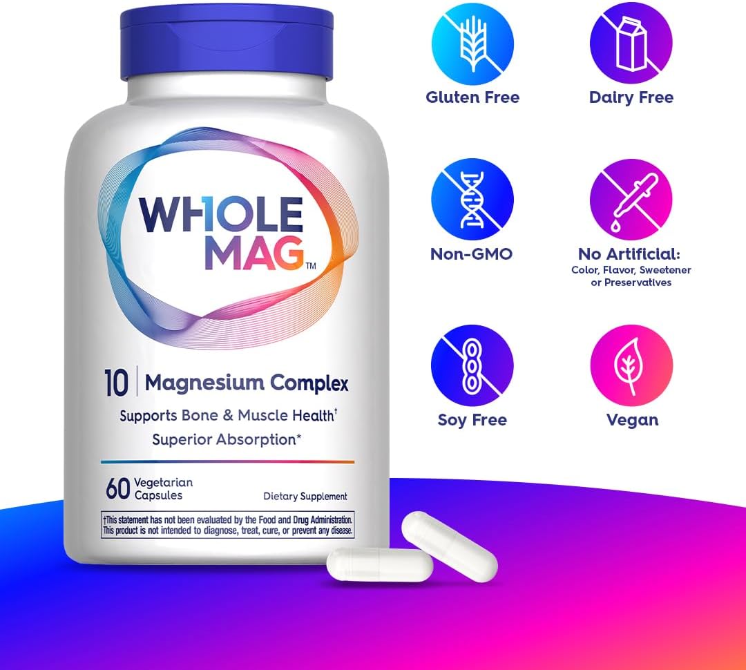 WholeMag Magnesium Supplement Complex - 60 Vegetarian Capsules for Muscle, Bone, & Nerve Health - 10 in 1 Formula for Overall Wellness - Lab Tested, Non-GMO, Gluten Free