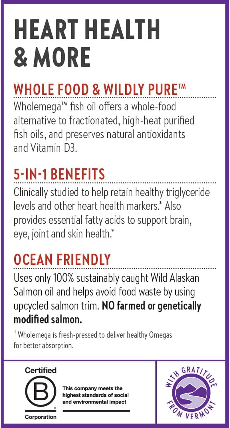 Wholemega Wild Alaskan Salmon Oil Supplement with Omega-3, Vitamin D3, Astaxanthin - 180 ct, 1000mg Softgels