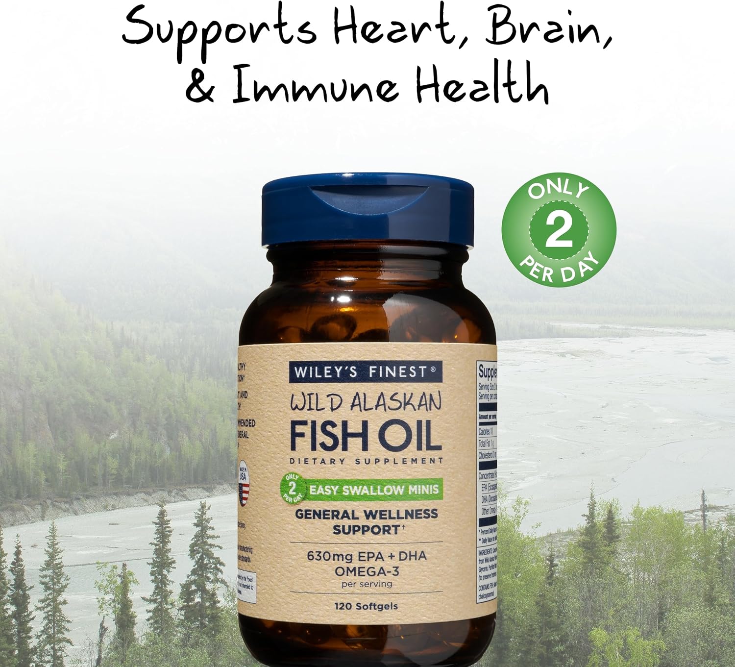 Wild Alaskan Fish Oil Easy Swallow Minis - Double-Strength Omega-3 Supplement - 630mg EPA and DHA - 120 Mini Softgels
