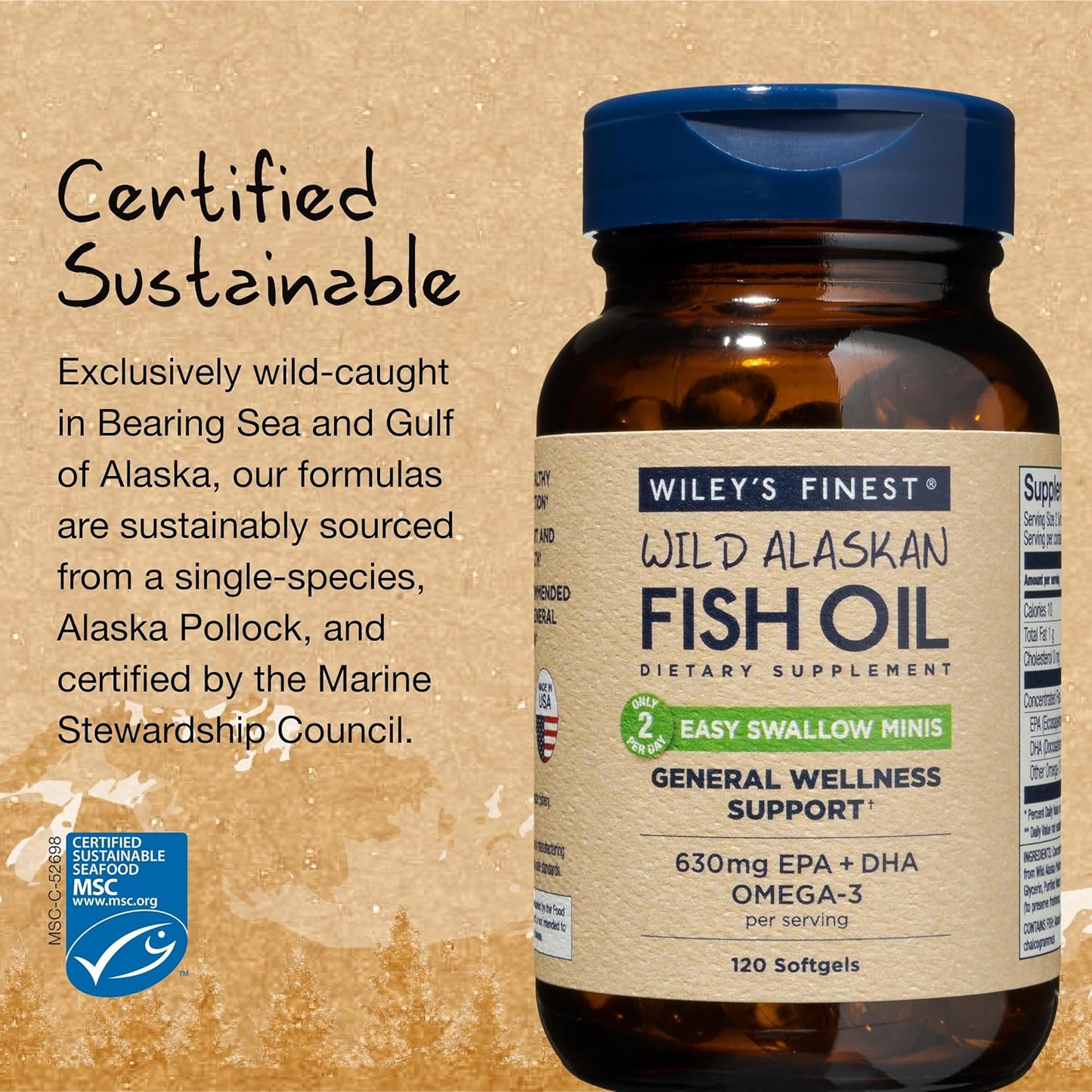 Wild Alaskan Fish Oil Easy Swallow Minis - Double-Strength Omega-3 Supplement - 630mg EPA and DHA - 120 Mini Softgels