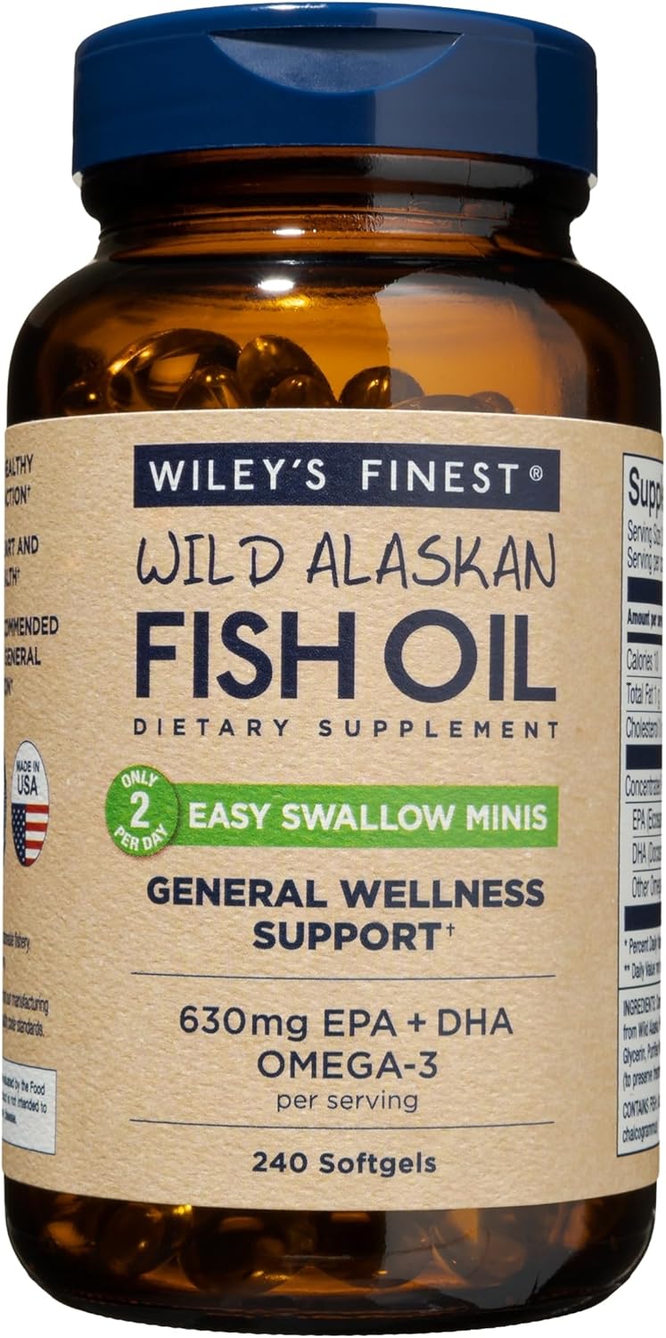 Wild Alaskan Fish Oil Easy Swallow Minis - Omega-3 Supplement - Double-Strength 630mg EPA and DHA - 240 Mini Softgels