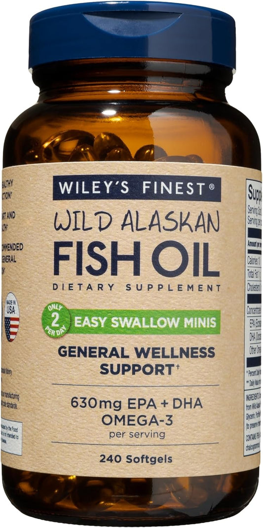 Wild Alaskan Fish Oil Easy Swallow Minis - Omega-3 Supplement - Double-Strength 630mg EPA and DHA - 240 Mini Softgels