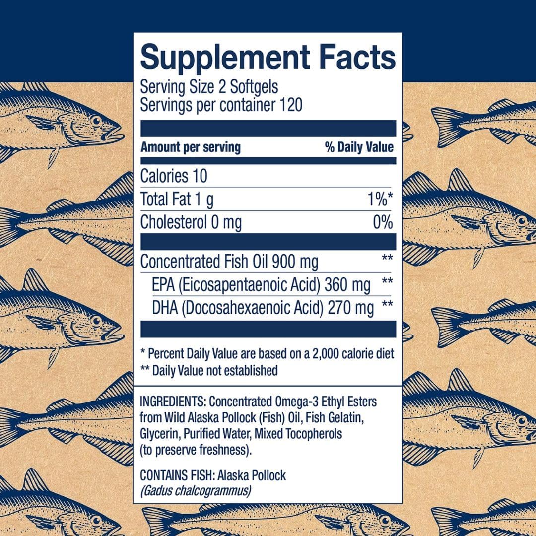 Wild Alaskan Fish Oil Easy Swallow Minis - Omega-3 Supplement - Double-Strength 630mg EPA and DHA - 240 Mini Softgels