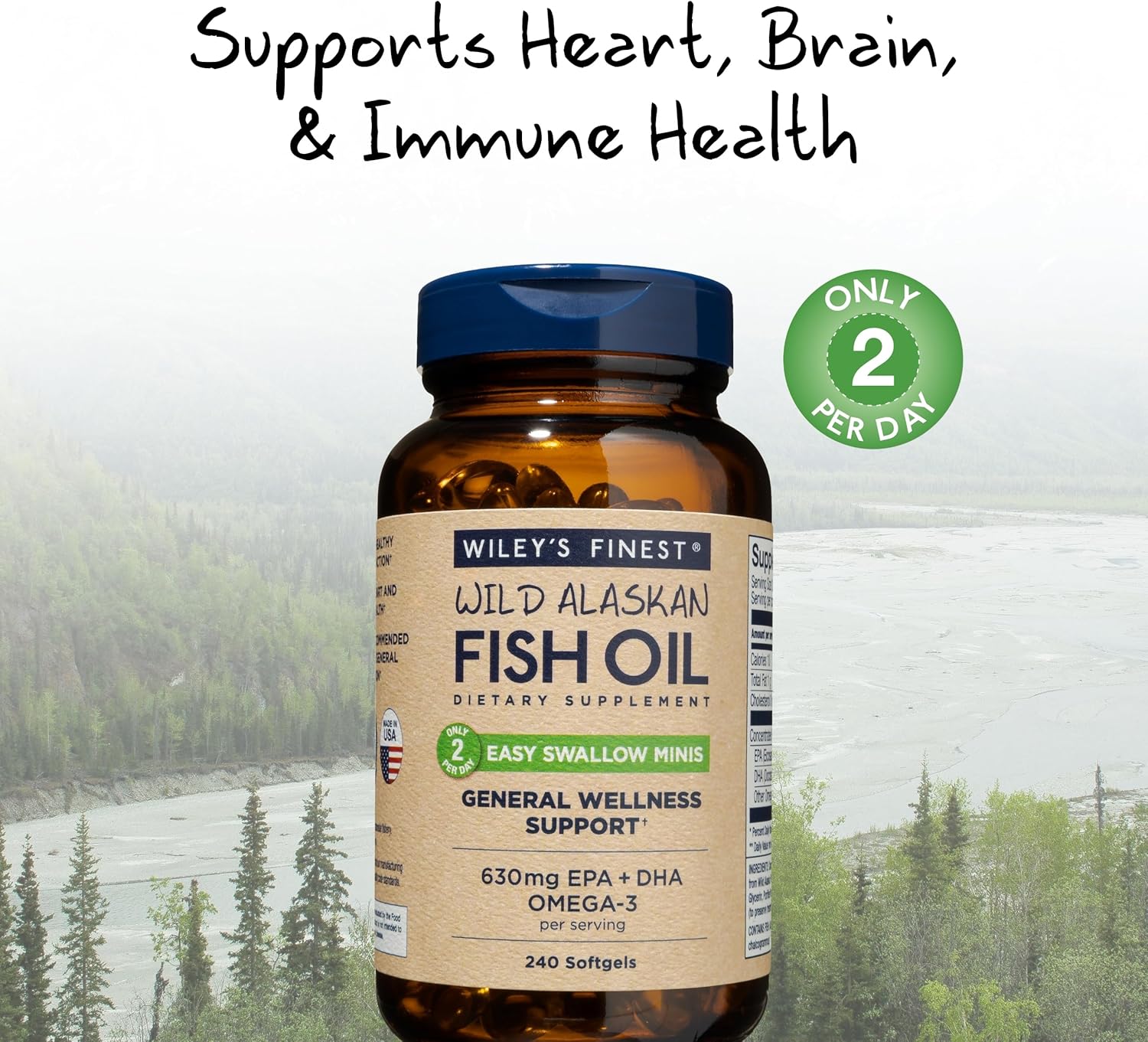 Wild Alaskan Fish Oil Easy Swallow Minis - Omega-3 Supplement - Double-Strength 630mg EPA and DHA - 240 Mini Softgels