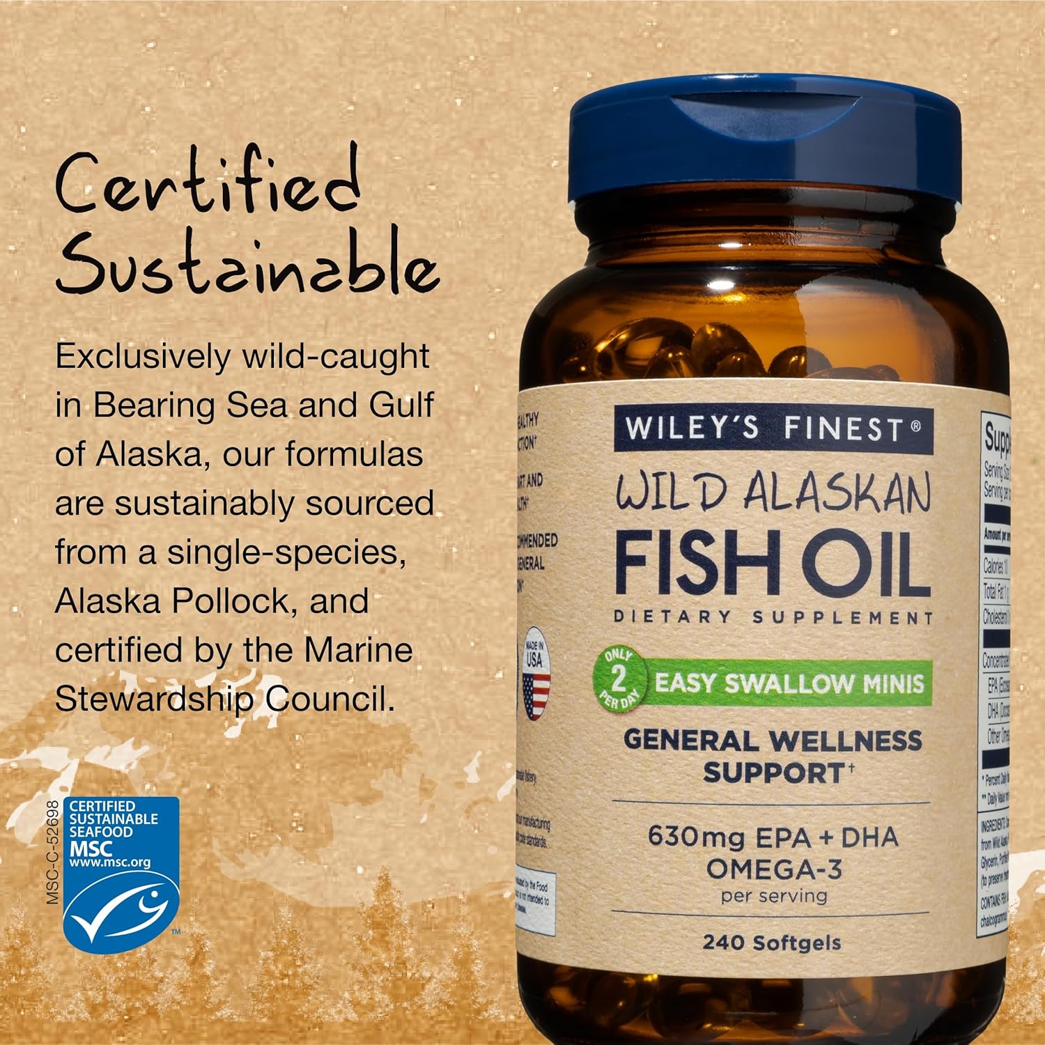 Wild Alaskan Fish Oil Easy Swallow Minis - Omega-3 Supplement - Double-Strength 630mg EPA and DHA - 240 Mini Softgels