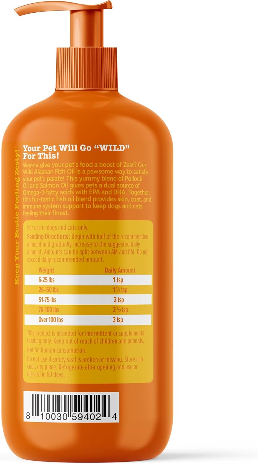 Wild Alaskan Fish Oil for Dogs & Cats - Pollock & Salmon Blend - Omega 3 EPA & DHA - Skin & Coat Health - Immune Support - 32 fl oz
