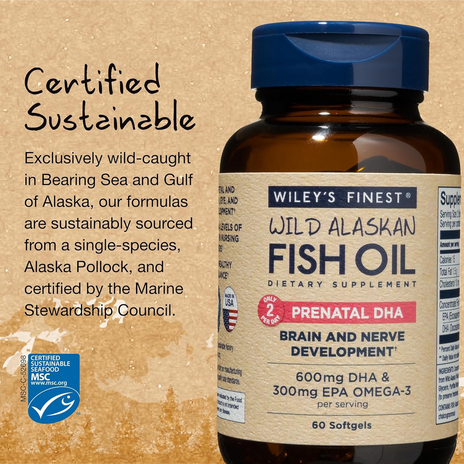Wild Alaskan Fish Oil Prenatal DHA - High EPA and DHA Omega-3s for Pregnant Women - 60 Softgels