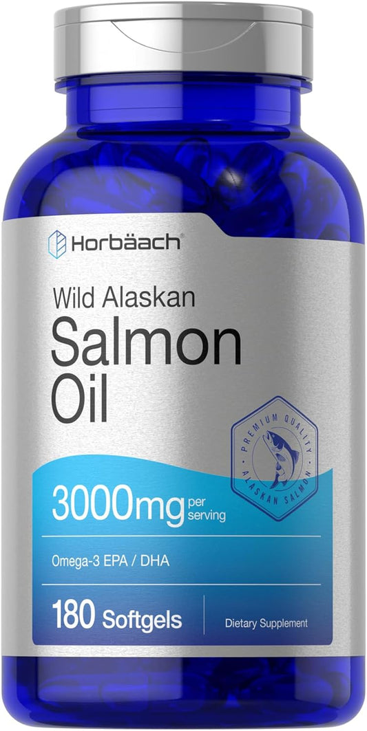 Wild Alaskan Salmon Fish Oil Softgel Capsules | 180 Count | Gluten Free, Non-GMO | High Potency Omega-3 EPA and DHA