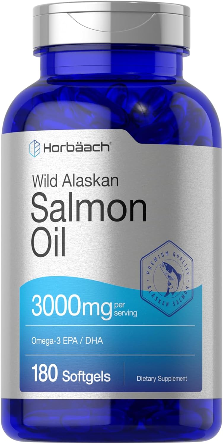 Wild Alaskan Salmon Fish Oil Softgel Capsules | 180 Count | Gluten Free, Non-GMO | High Potency Omega-3 EPA and DHA