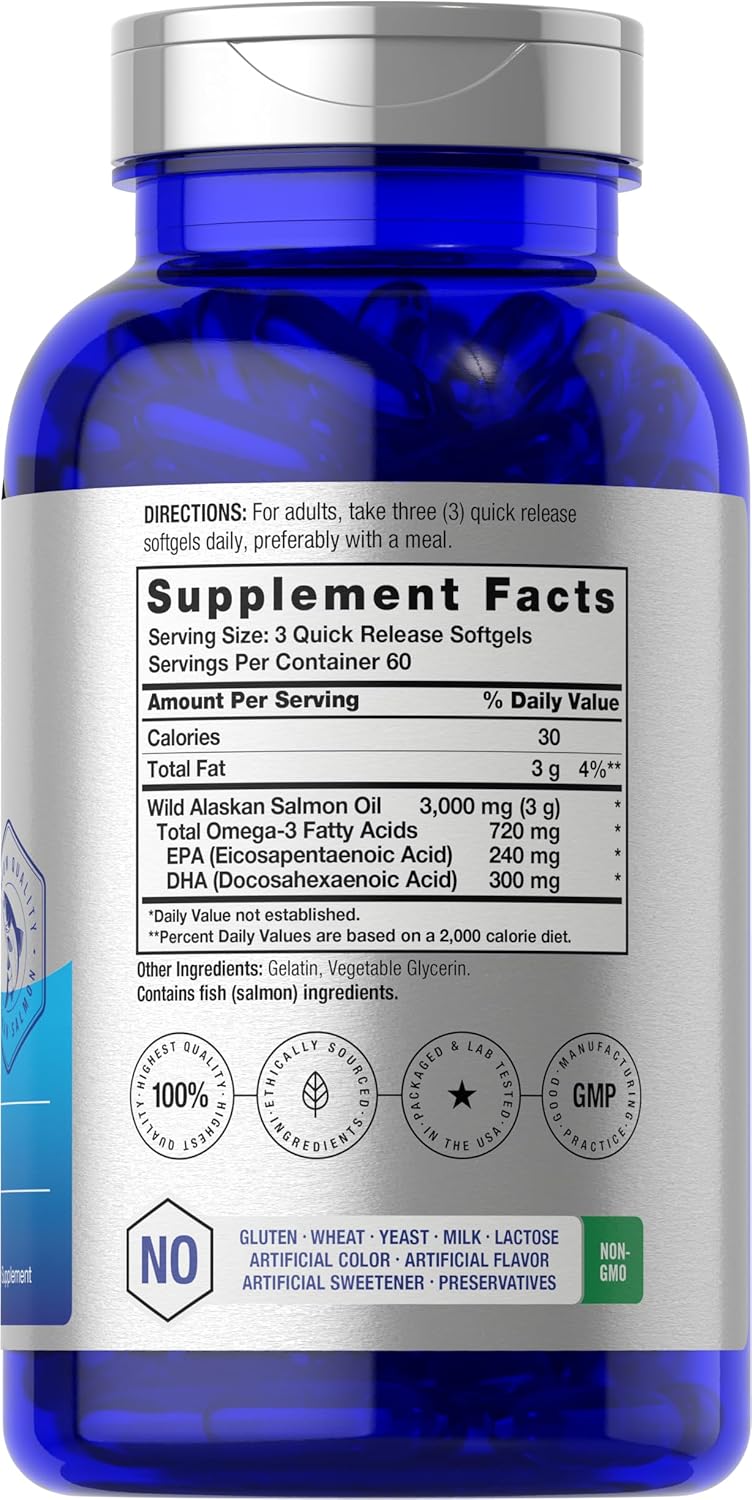 Wild Alaskan Salmon Fish Oil Softgel Capsules | 180 Count | Gluten Free, Non-GMO | High Potency Omega-3 EPA and DHA