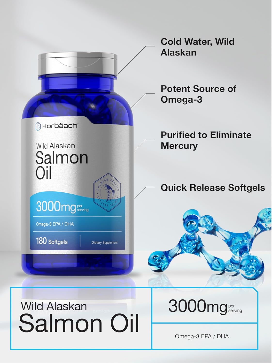 Wild Alaskan Salmon Fish Oil Softgel Capsules | 180 Count | Gluten Free, Non-GMO | High Potency Omega-3 EPA and DHA