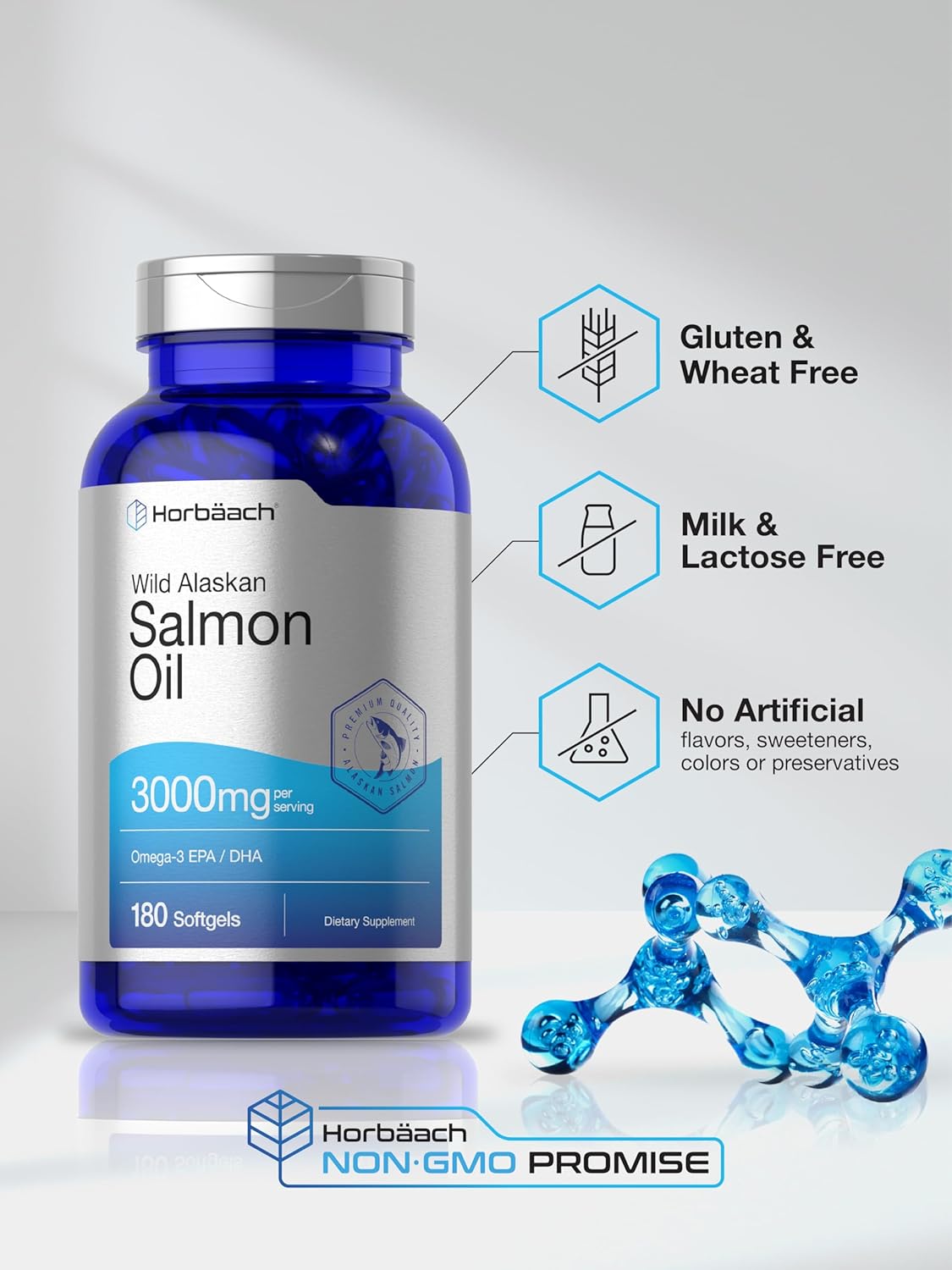Wild Alaskan Salmon Fish Oil Softgel Capsules | 180 Count | Gluten Free, Non-GMO | High Potency Omega-3 EPA and DHA