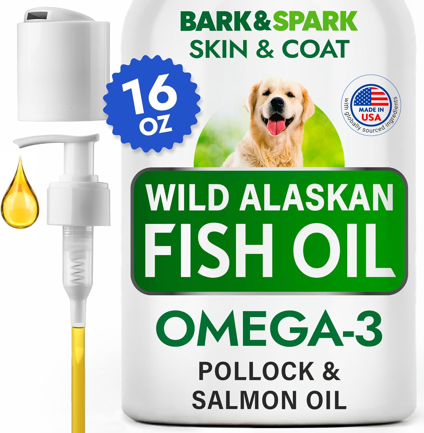 Wild Alaskan Salmon Oil Fish Oil Liquid Supplement for Dogs - Omega 3 EPA+DHA Fatty Acids, Skin&Coat Support - Itch&Allergy Relief, Joint, Immune&Heart Health - BARK&SPARK Omega 3