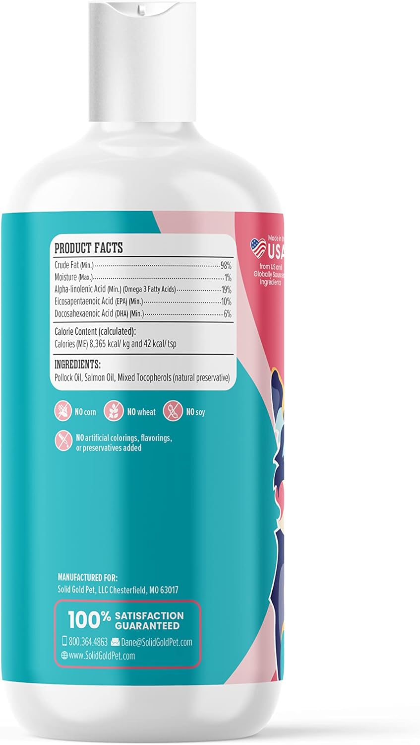 Wild Alaskan Salmon Oil for Dogs & Cats - Omega 3 Pollock Oil Blend with EPA & DHA - Skin and Coat Support - Immune System Health - 16 oz Bottle