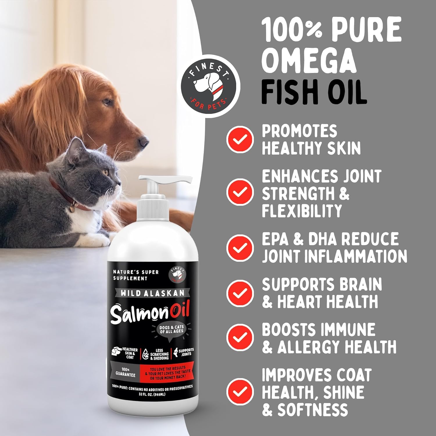 Wild Alaskan Salmon Oil for Dogs & Cats - Omega 3 Supplement for Skin & Coat Health, Joint Pain Relief, Immune Support - 32 oz Bottle