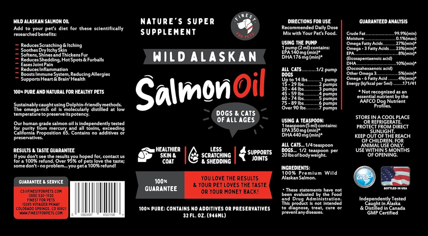 Wild Alaskan Salmon Oil for Dogs & Cats - Omega 3 Supplement for Skin & Coat Health, Joint Pain Relief, Immune Support - 32 oz Bottle