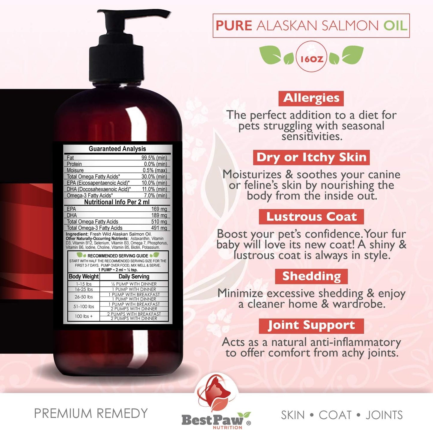 Wild Alaskan Salmon Oil for Pets - Liquid Fish Oil with Pump - Supports Skin, Coat, Joint, Heart Health - Omega 3 Supplement - All Natural EPA + DHA - 16oz