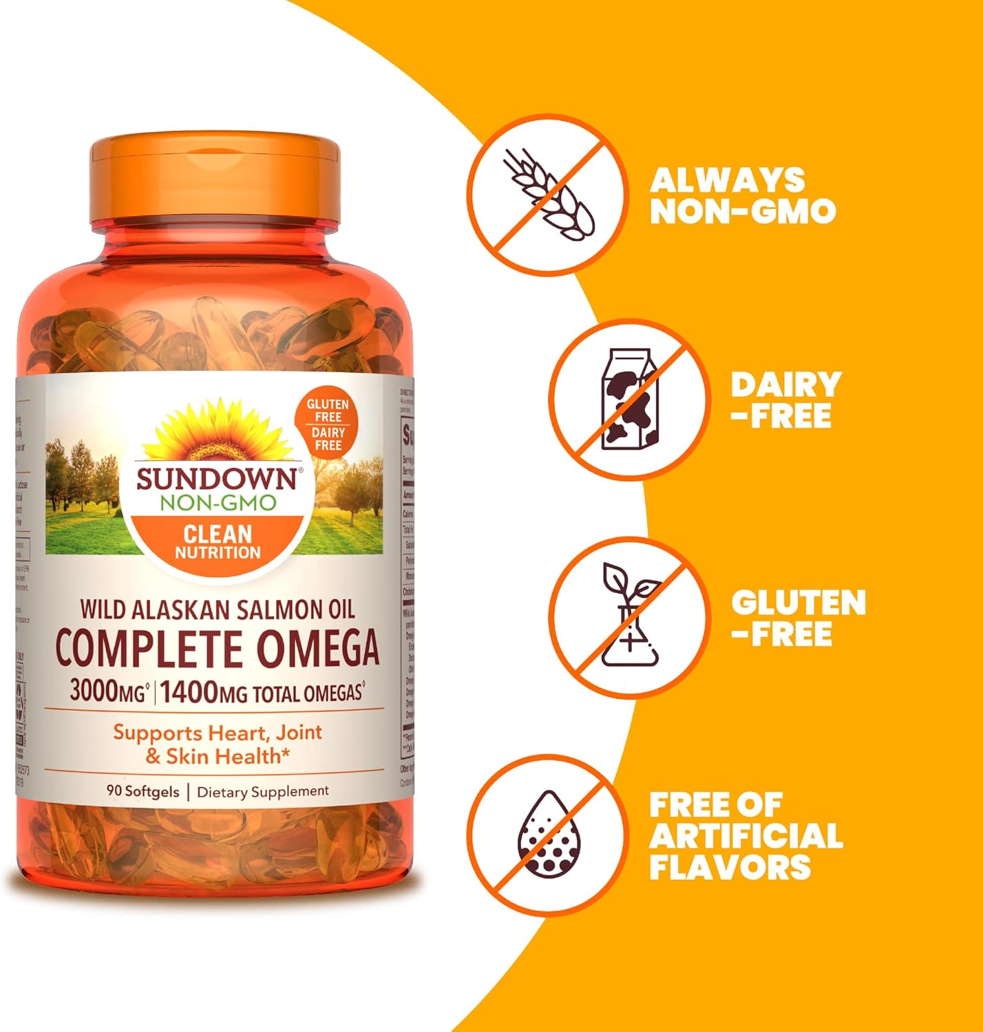 Wild Alaskan Salmon Oil Softgels, 1400mg Omega-3 Supplement, 90 Count - Sundown Complete Omega