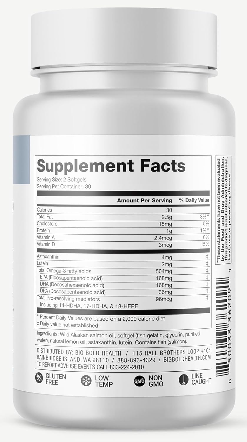 Wild Alaskan Salmon Oil Softgels for Skin & Eye Health with Astaxanthin, Lutein, Vitamins A&D - Gluten-Free - 60 Count