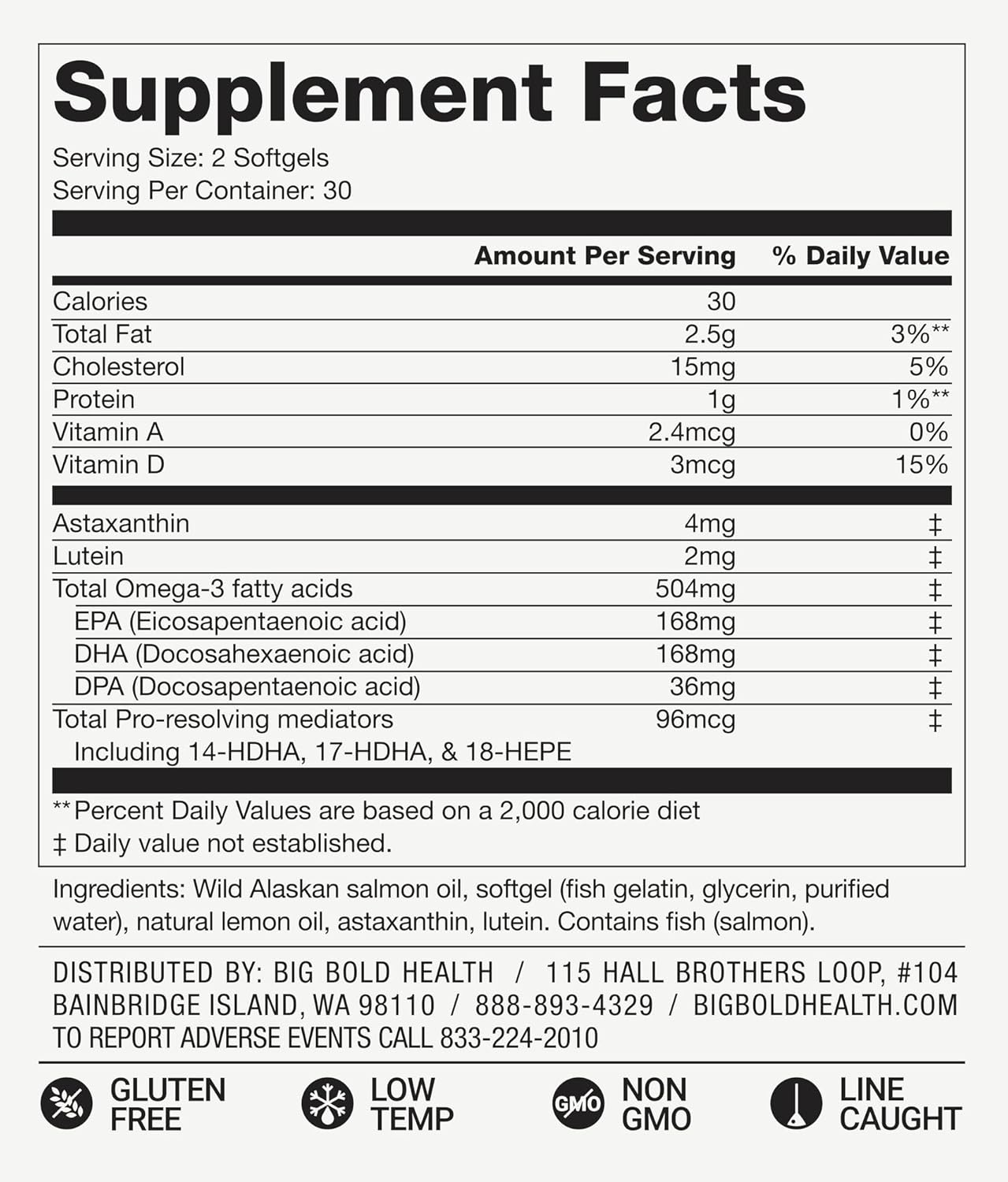Wild Alaskan Salmon Oil Softgels for Skin & Eye Health with Astaxanthin, Lutein, Vitamins A&D - Gluten-Free - 60 Count