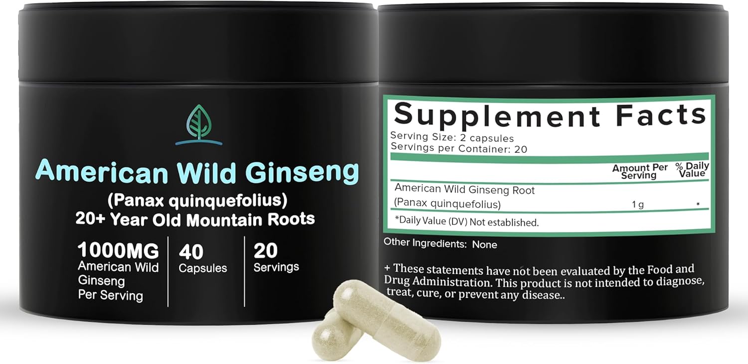 Wild American Ginseng Capsules - Pure Organic Supplement | Appalachian Roots (Panax Quinquefolius) - 40 Capsules
