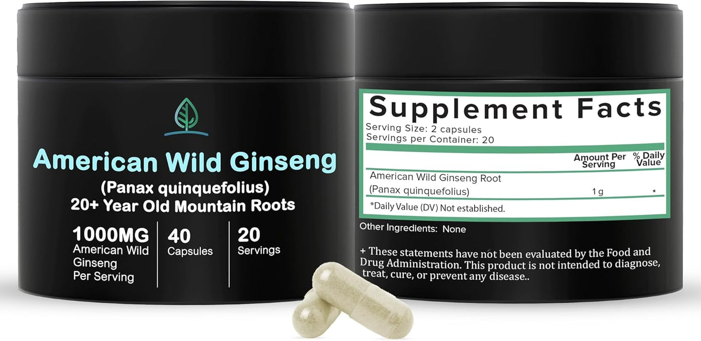 Wild American Ginseng Capsules - Pure Organic Supplement | Appalachian Roots (Panax Quinquefolius) - 40 Capsules