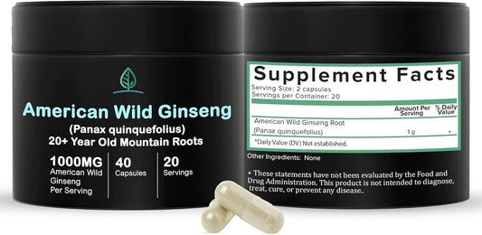 Wild American Ginseng Capsules - Pure Organic Supplement | Appalachian Roots (Panax Quinquefolius) - 40 Capsules