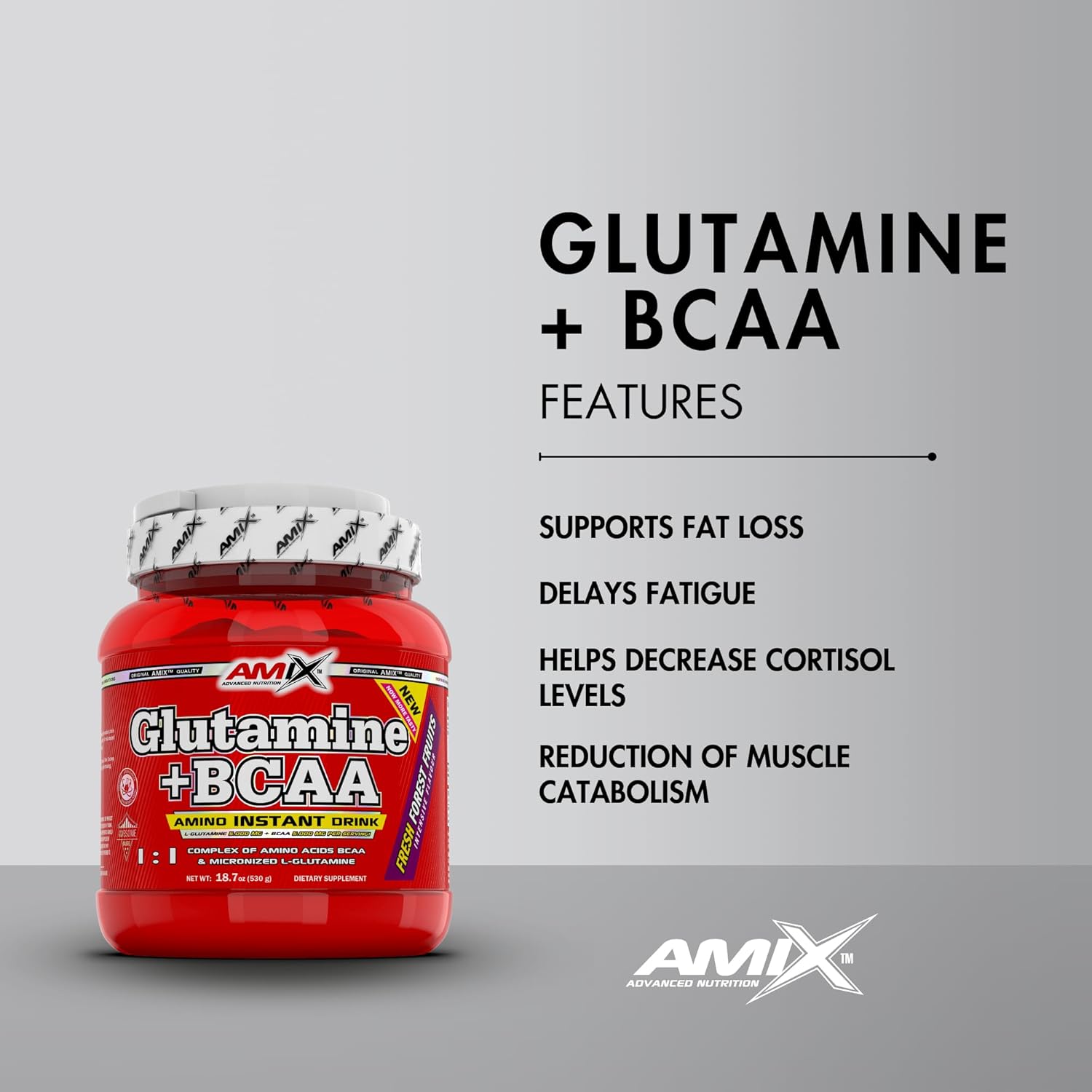 Wild Berry Flavored BCAA Powder with Glutamine for Muscle Recovery - Ideal for Athletes - 530g Dietary Supplement - 44 Servings