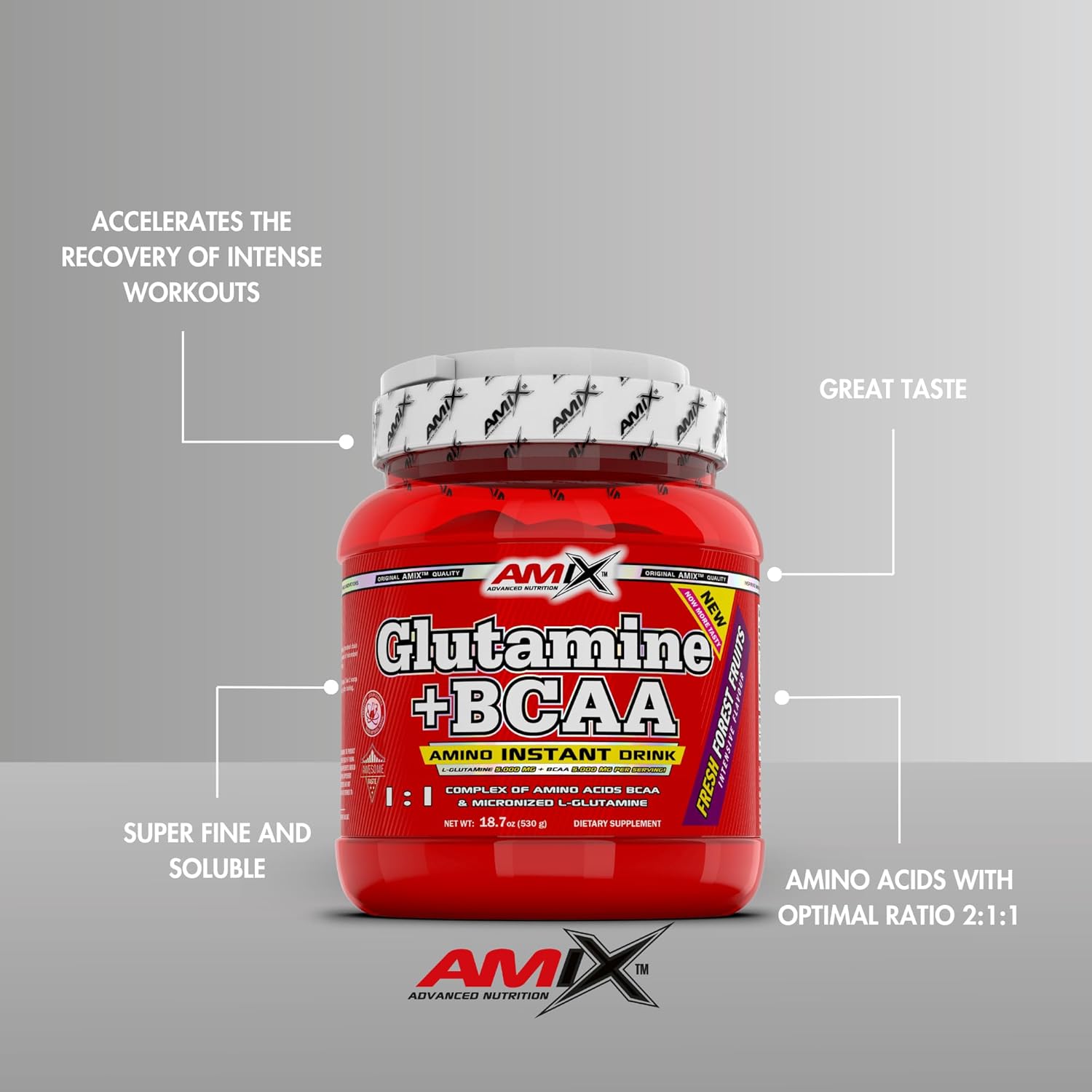 Wild Berry Flavored BCAA Powder with Glutamine for Muscle Recovery - Ideal for Athletes - 530g Dietary Supplement - 44 Servings