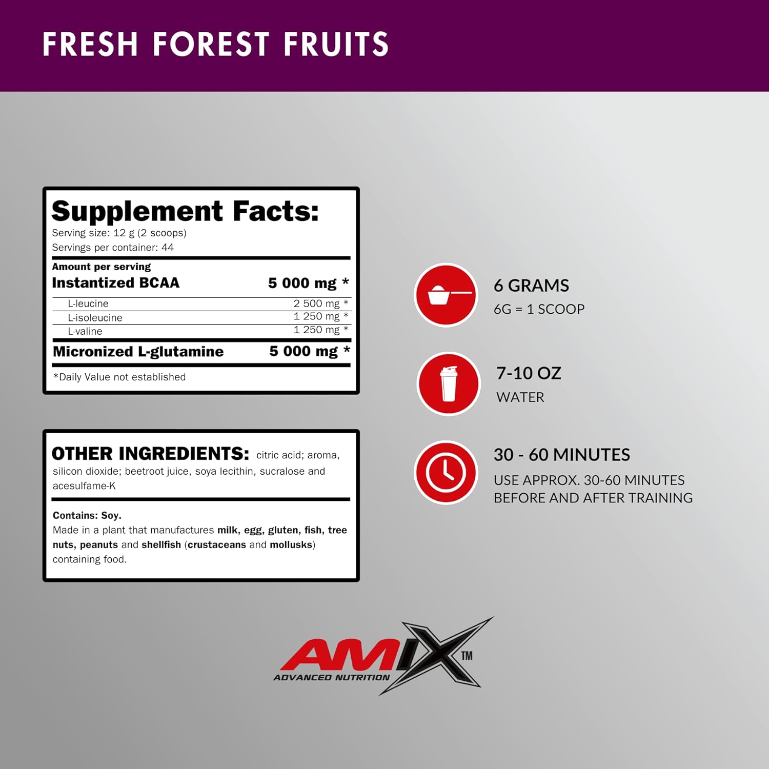 Wild Berry Flavored BCAA Powder with Glutamine for Muscle Recovery - Ideal for Athletes - 530g Dietary Supplement - 44 Servings